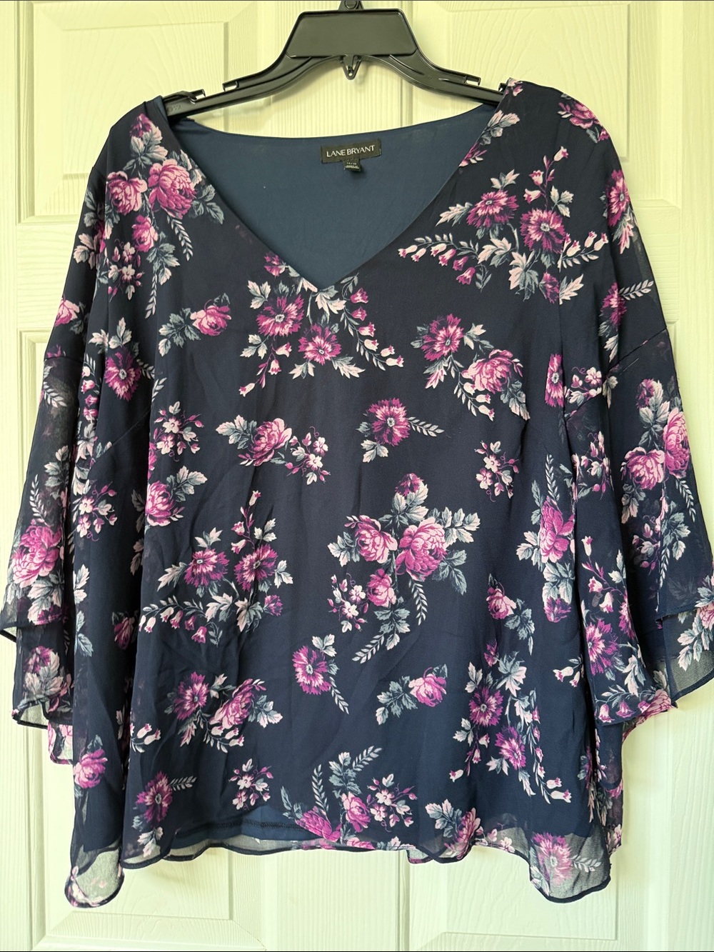 Lane Bryant Navy Floral V-Neck Blouse with Pink Floral Pattern